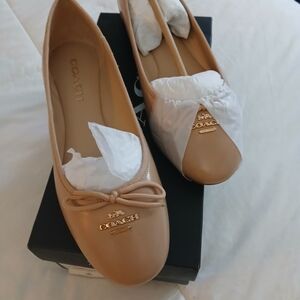 Coach Tan Leather Flats with Bow Accent